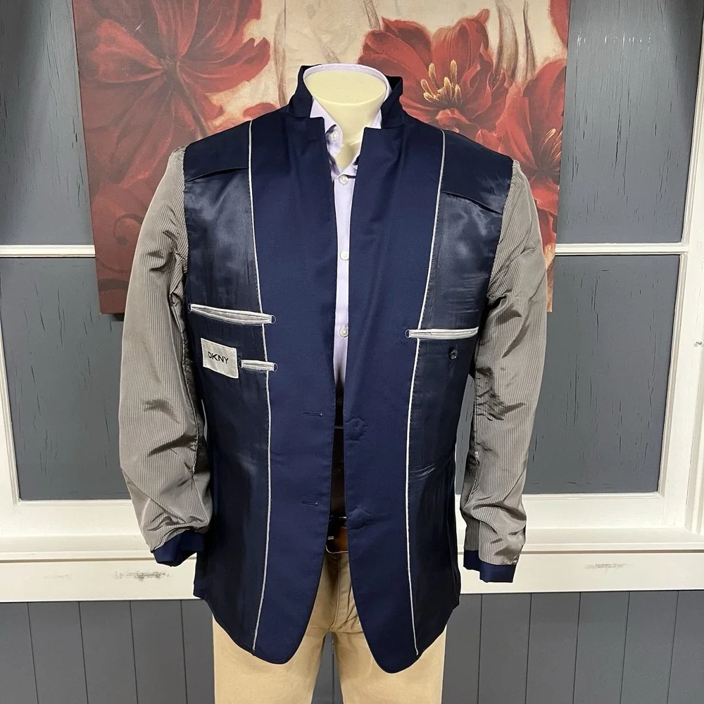 DKNY Blazer Jacket Sport Coat Mens 40R Slim‎ Fit Wool Navy